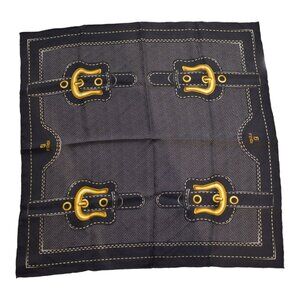 Fendi Vintage Silk Scarf | Black with Gold Buckle Print Square | 100% Silk Italy